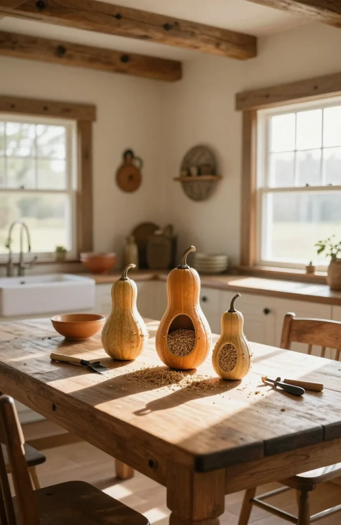 Handmade gourd bird feeder filled with birdseed, hanging from twine outdoors