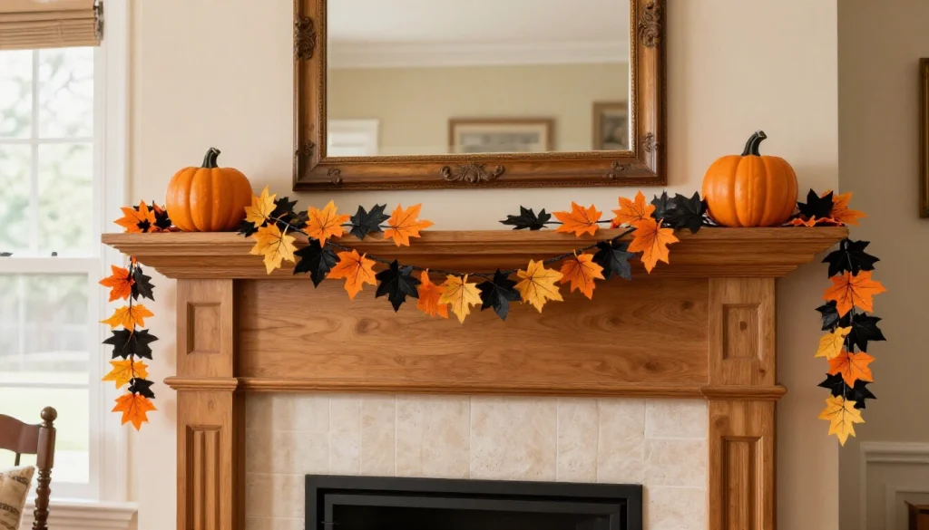 Colorful DIY Halloween garland draped across a fireplace mantel featuring orange pumpkins, black bats, and autumn leaves
