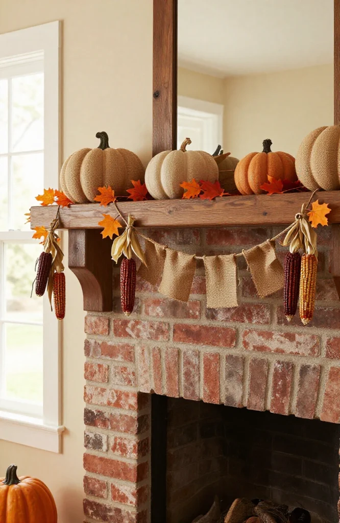Assorted DIY Halloween garland designs draped across fireplace mantel with autumn leaves and decorative elements