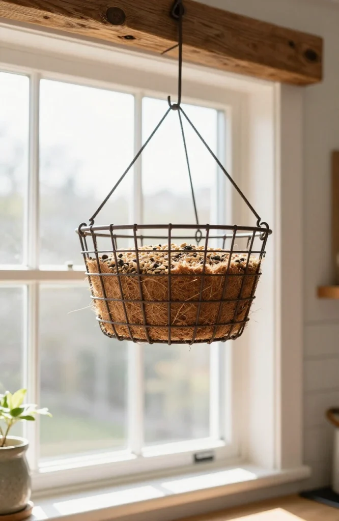 Woven hanging basket filled with birdseed suspended from rope, attracting multiple small birds