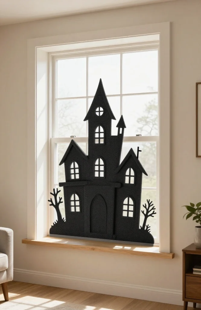 Black silhouette panel of haunted house with bare trees and flying bats mounted on window for Halloween decoration