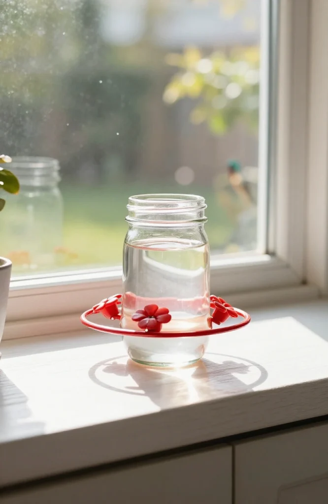 Homemade hummingbird feeder made from glass jar with red feeding ports and hanging wire