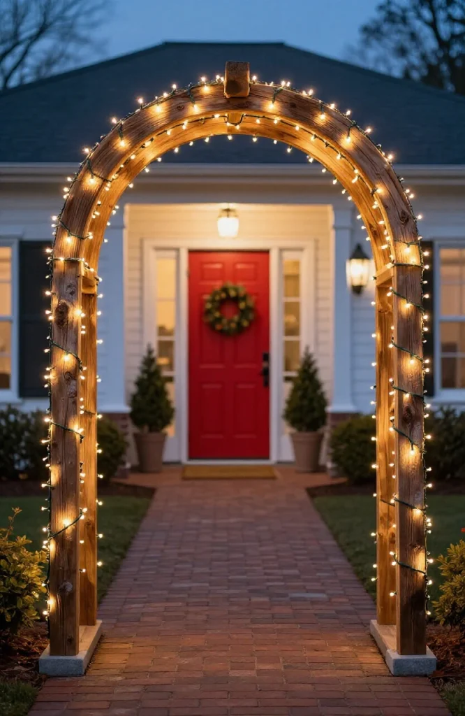 Handmade wooden arch gate decorated with warm white LED string lights for holiday outdoor display