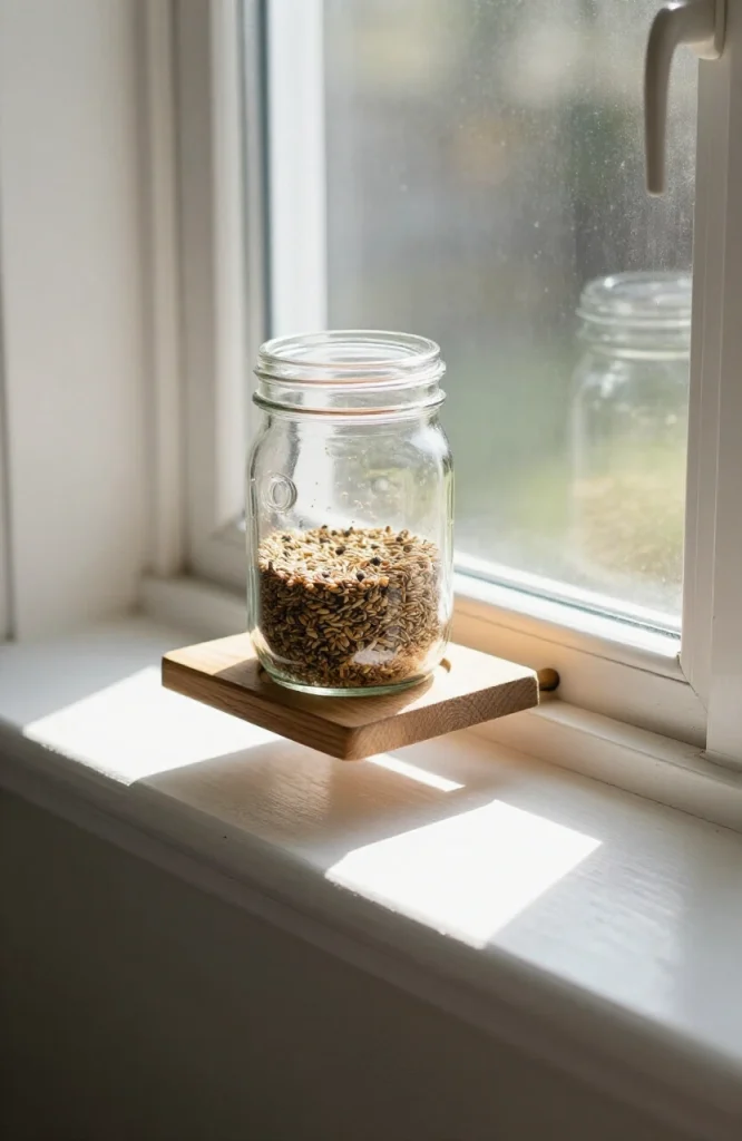 Clear mason jar filled with birdseed suspended outdoors with wire hanger for DIY bird feeder project