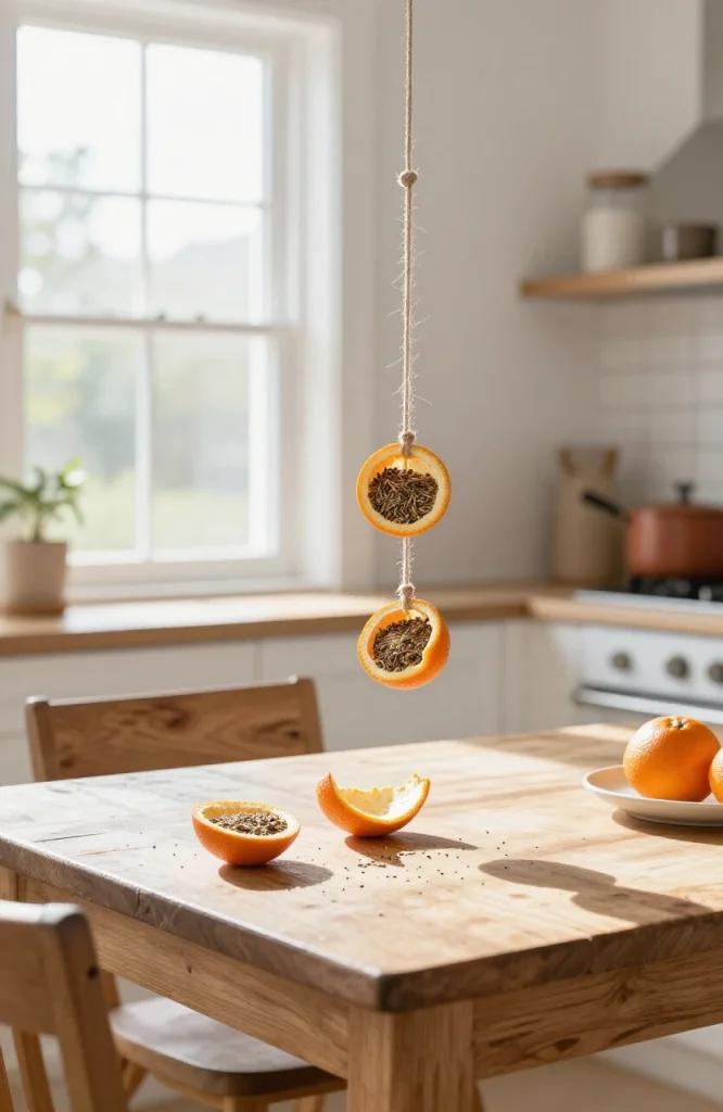 Hollowed orange peel halves filled with birdseed and suet, hanging from twine as a simple homemade bird feeder