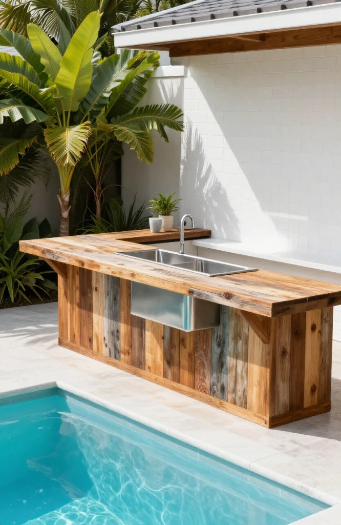 Custom built outdoor poolside bar featuring integrated sink, wooden countertop, and bar seating area