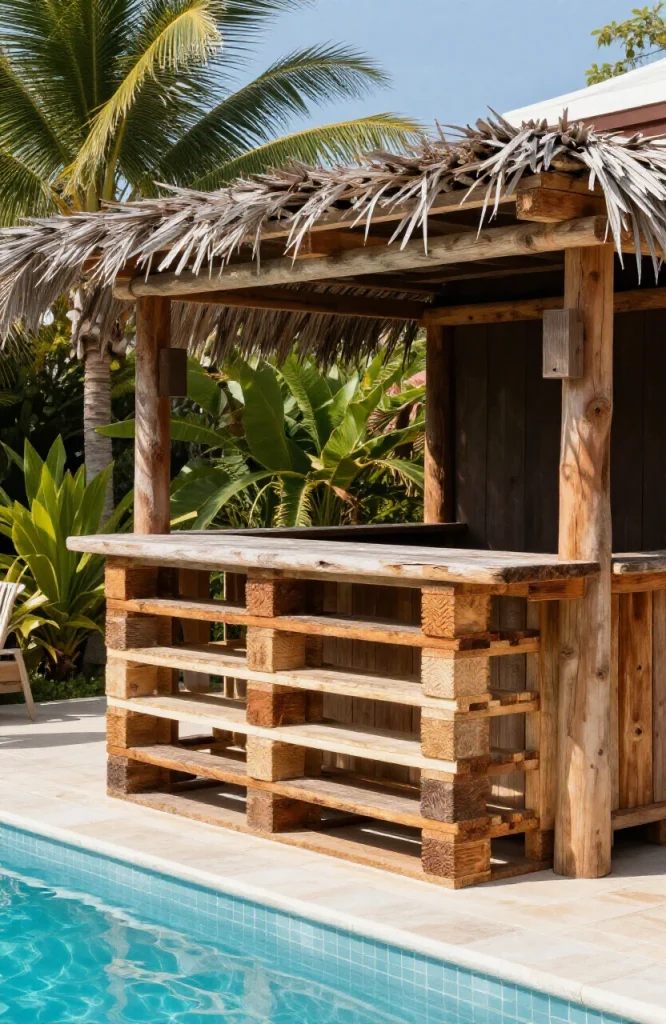 DIY tiki bar made from wooden pallets with thatched roof and tropical decorations beside swimming pool