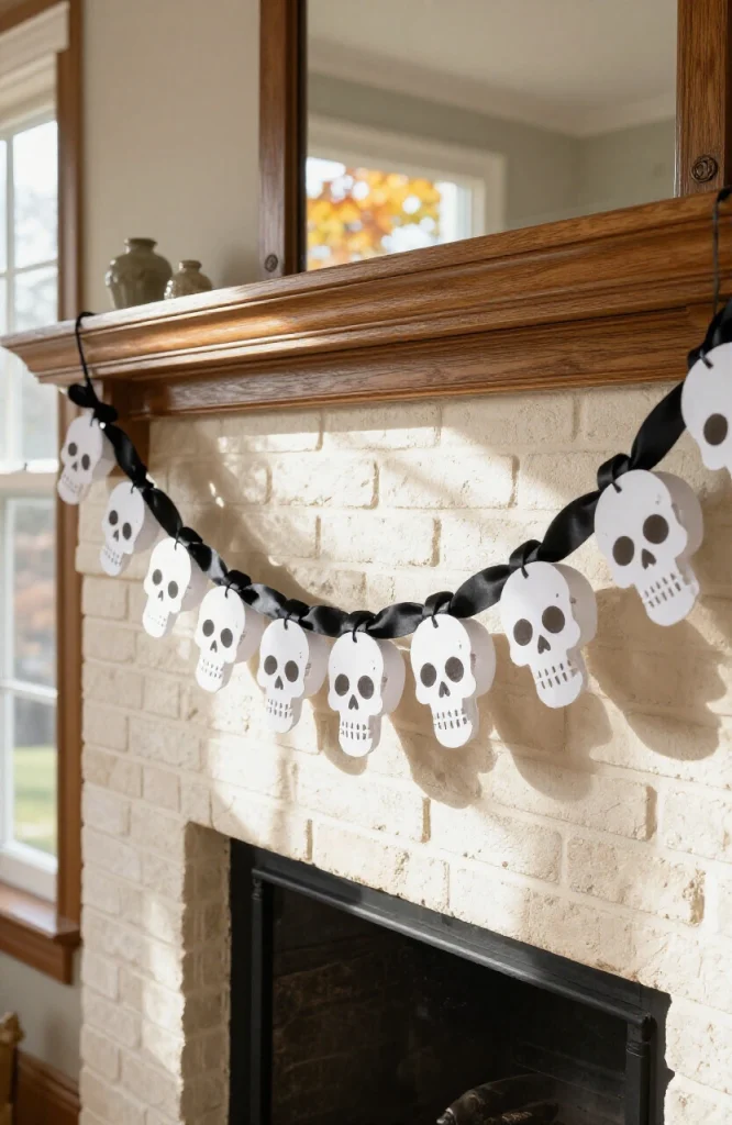 Homemade paper skull garland draped across fireplace mantel with orange and black decorations