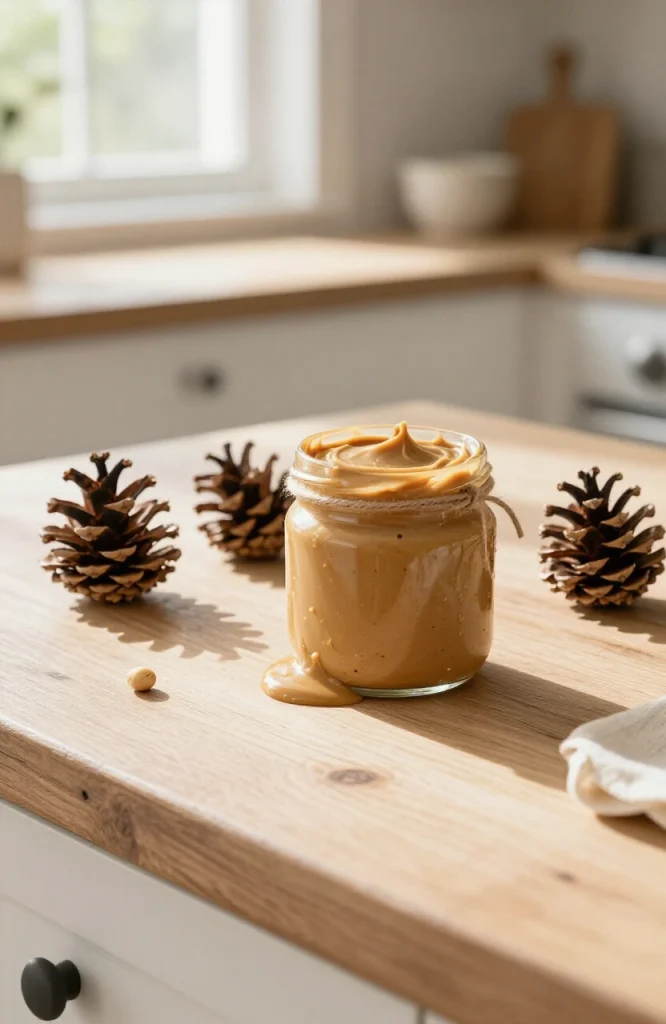 Pinecone coated with peanut butter and birdseed attached to a branch for homemade bird feeding