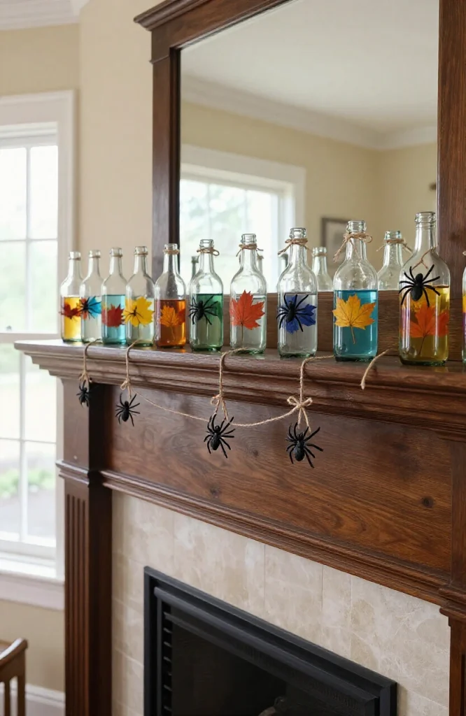 Handmade poison bottle garland with green labels and skull designs hanging on fireplace mantel