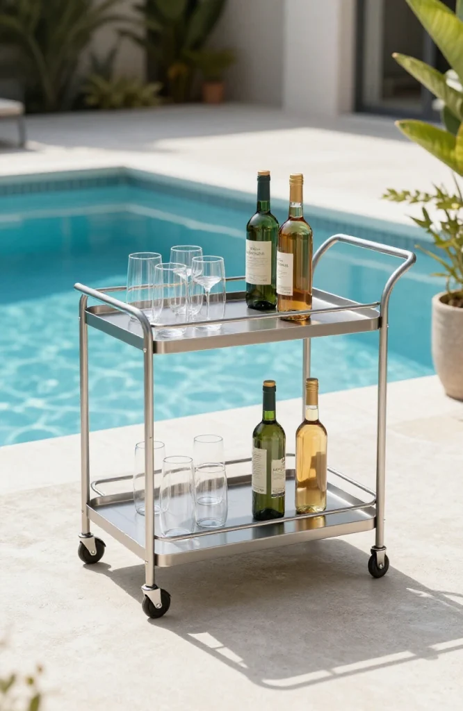 Mobile outdoor bar cart with bottles, glasses, and beverage supplies positioned beside swimming pool