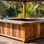 Modern poolside bar setup with wooden counter, bar stools, and tropical plants surrounding an outdoor swimming pool
