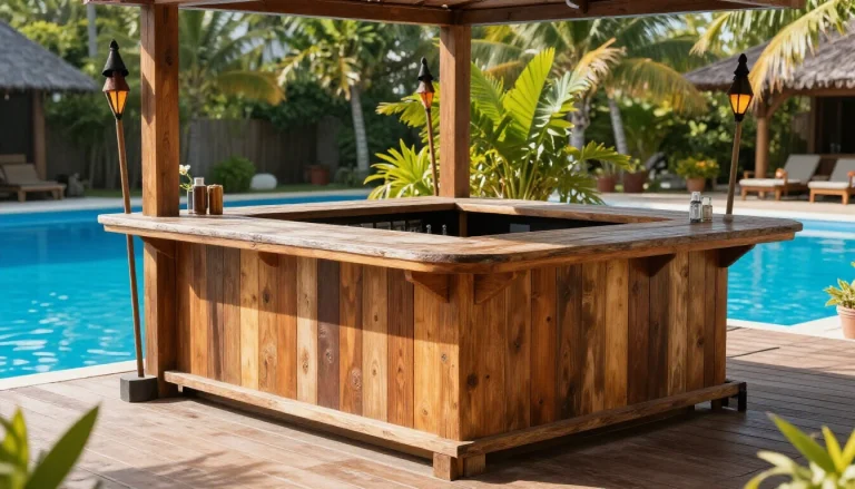 Modern poolside bar setup with wooden counter, bar stools, and tropical plants surrounding an outdoor swimming pool