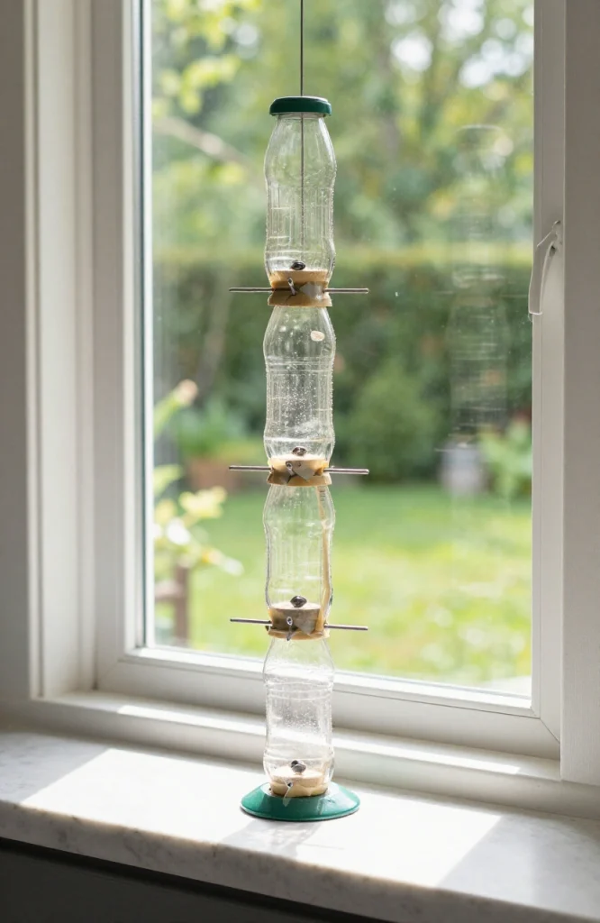 Homemade bird feeder made from stacked soda bottles and cardboard tubes with small perches