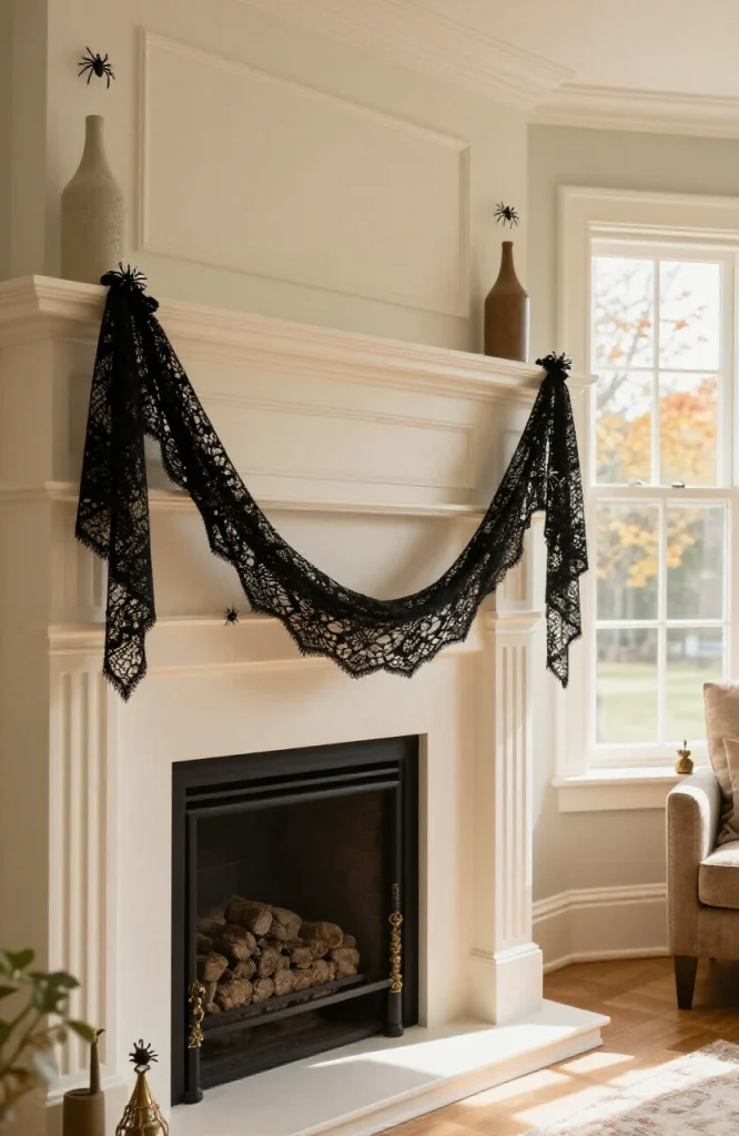 Black lace spiderweb garland draped across fireplace mantel with orange accents and small decorative spiders