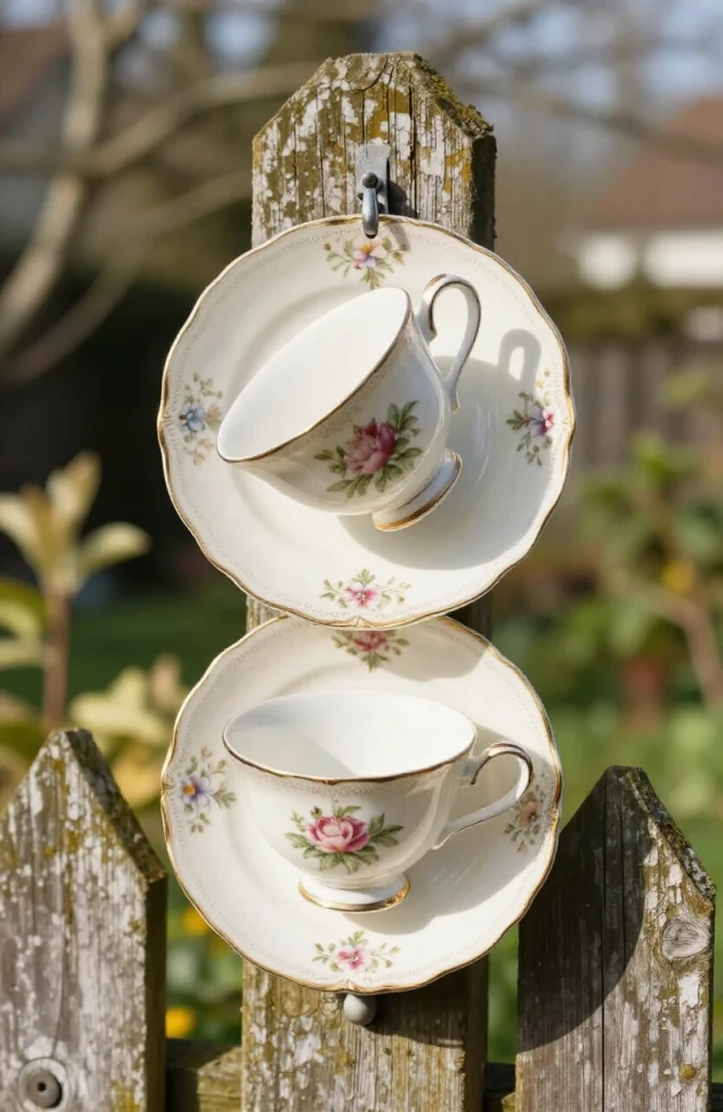 Hanging teacup and saucer bird feeder filled with birdseed attached to tree branch