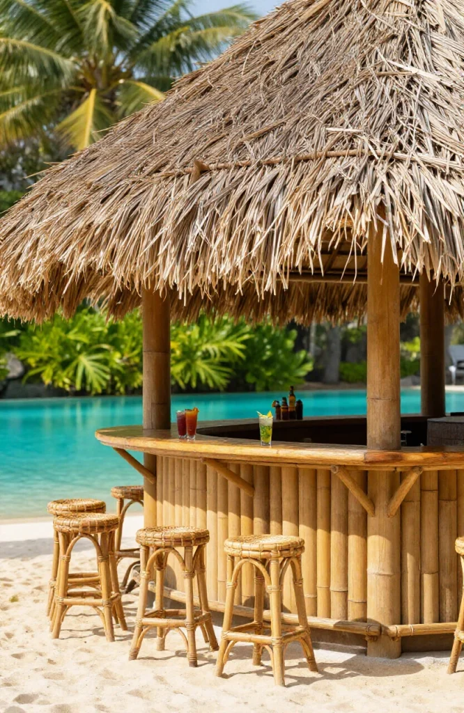 DIY thatched tiki hut bar structure with palm frond roof next to swimming pool