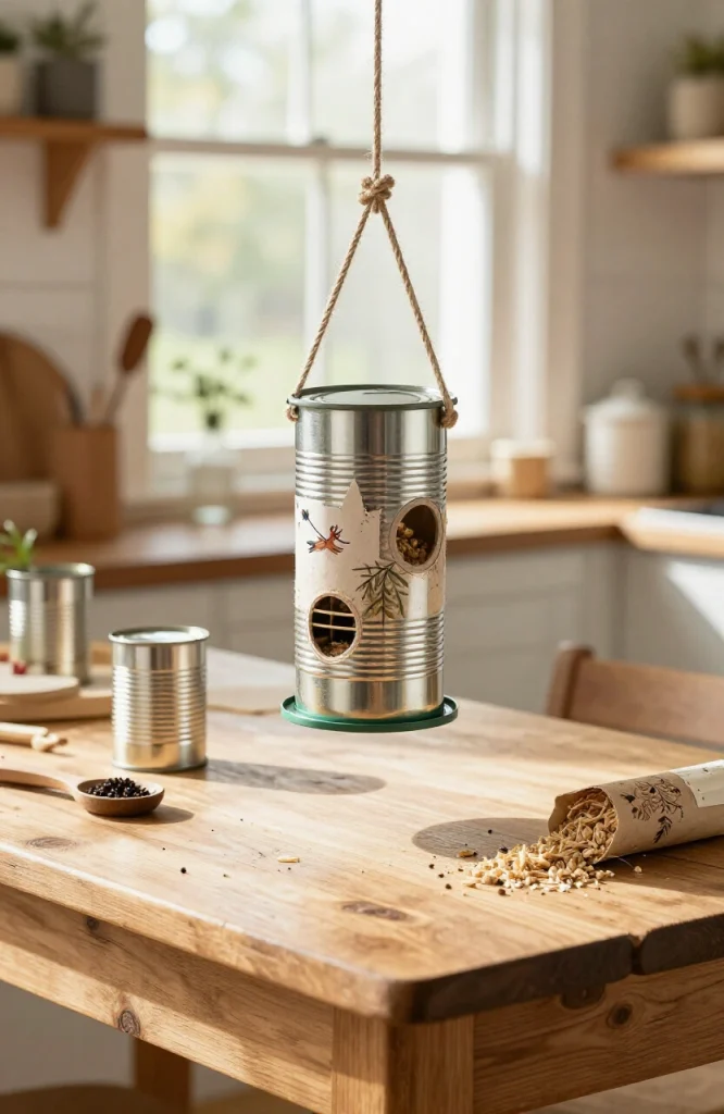 Tin can bird feeder with wooden perches and birdseed, hanging from string