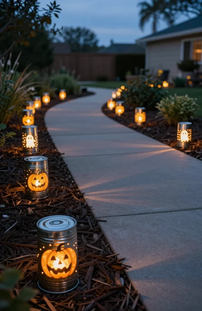 Glowing tin can luminaries arranged along a dark garden path creating ambient lighting for Halloween decorations