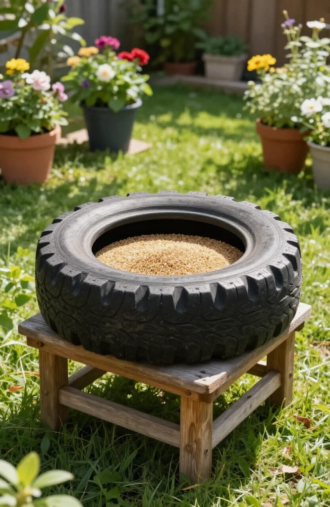 Stacked painted tire planter filled with birdseed for outdoor bird feeding station