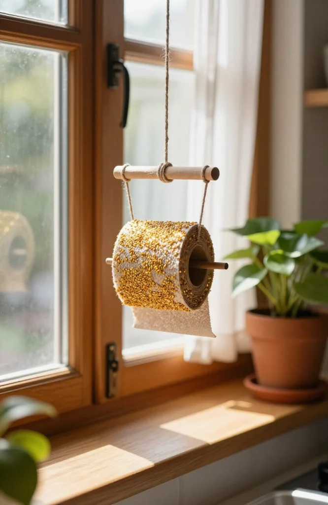 Toilet paper roll stuffed with birdseed and peanut butter, tied with twine, ready to hang