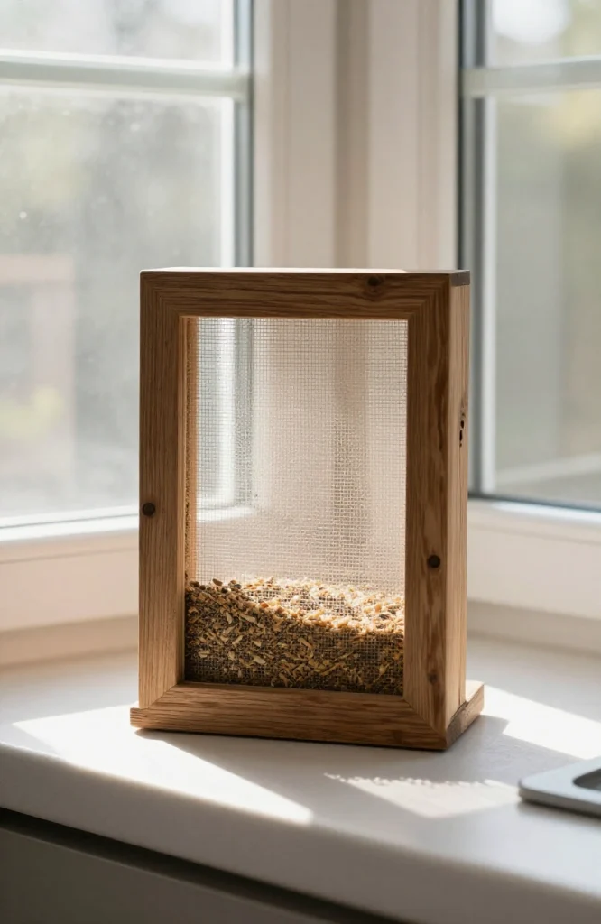 Wooden picture frame converted into a simple tray bird feeder with birdseed
