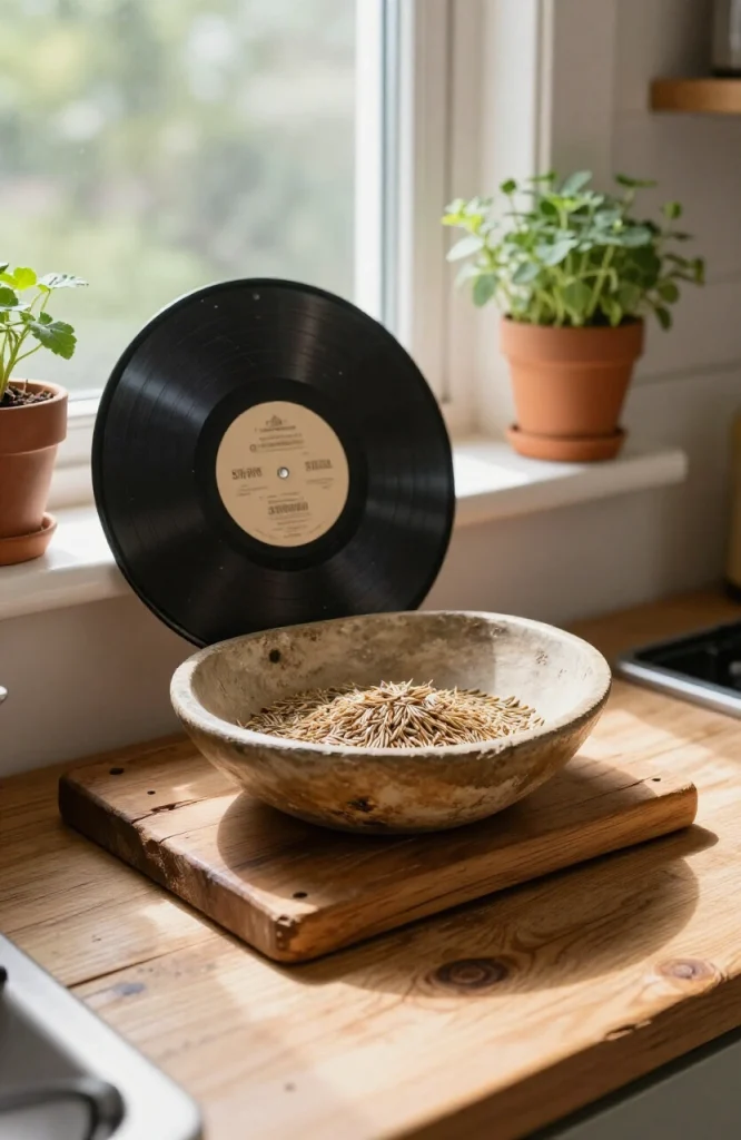 Handmade bird feeder crafted from a repurposed vinyl record as a platform base with wooden pole support