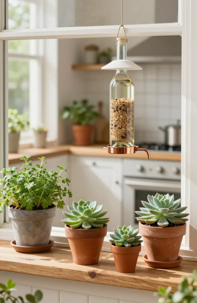 Repurposed wine bottle converted into a bird feeder with wooden perches and filled with birdseed