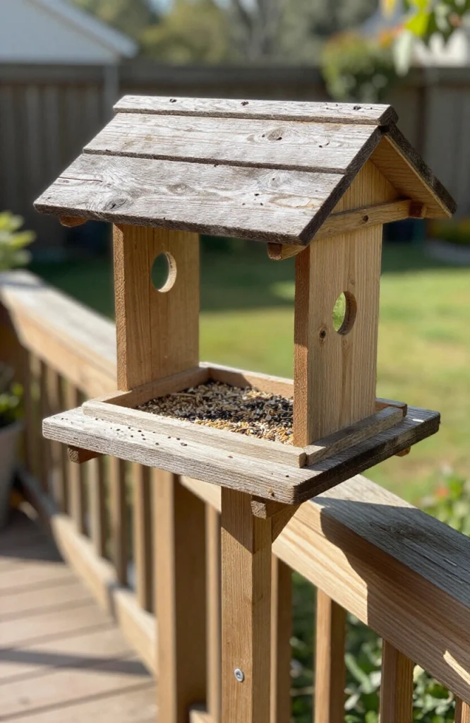 Handmade wooden platform bird feeder with open top design mounted on wooden post