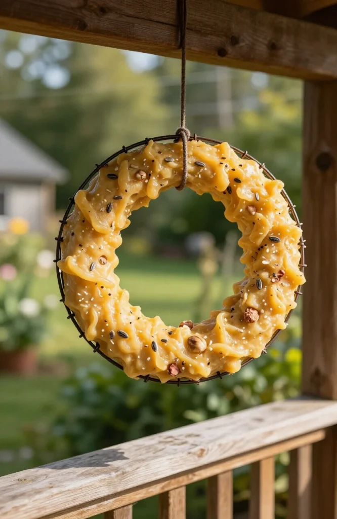 Homemade suet feeder made from a wire wreath form filled with suet cake hanging from a tree branch