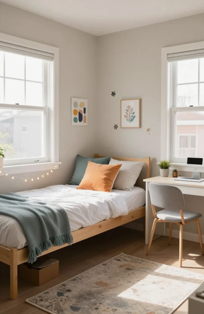 Student checking dorm room decorating policies and guidelines before personalizing space
