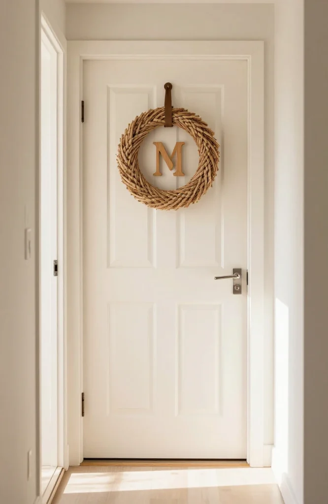 Decorated dorm room door with welcome sign and festive ornaments greeting visitors