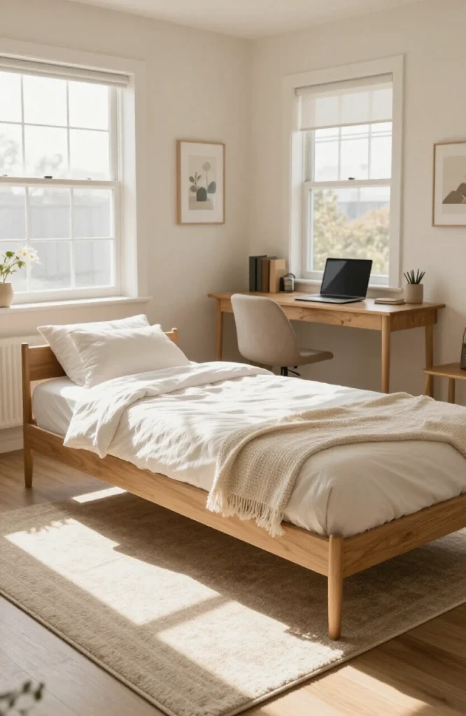 Small dorm room with area rug defining separate zones on wooden floor