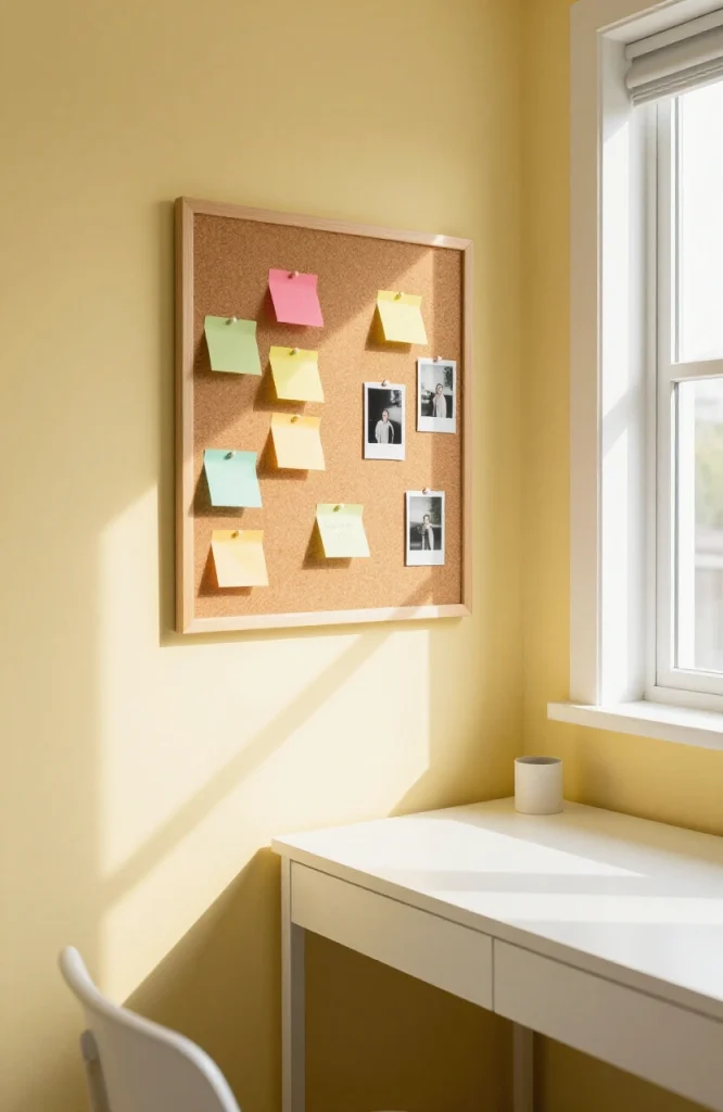 Small dorm room corner showing cork bulletin board and magnetic board mounted on wall above desk for organizing notes and rem