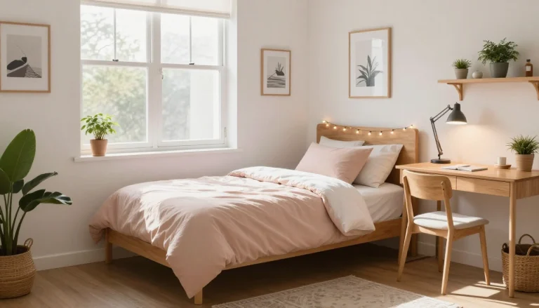 Stylish dorm room with bed, desk, storage solutions, and wall decor demonstrating space-saving decorating ideas for girls