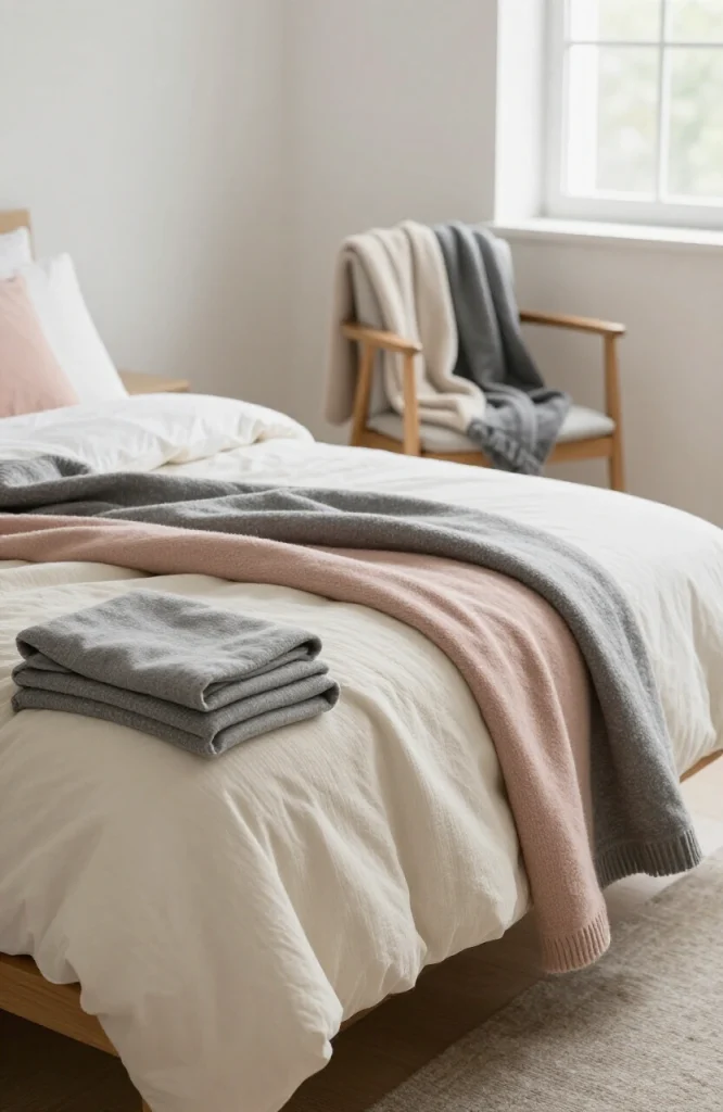 Dorm room bed decorated with multiple throw blankets in neutral tones adding warmth and visual texture to small space