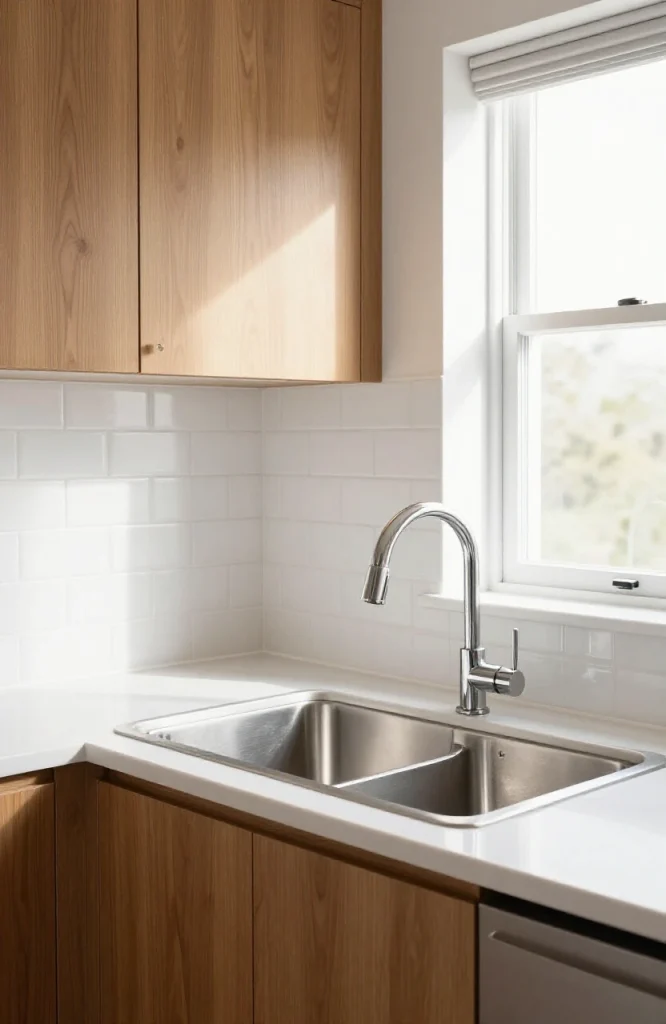 Modern stainless steel double bowl corner kitchen sink with chrome faucet mounted under window in white cabinetry