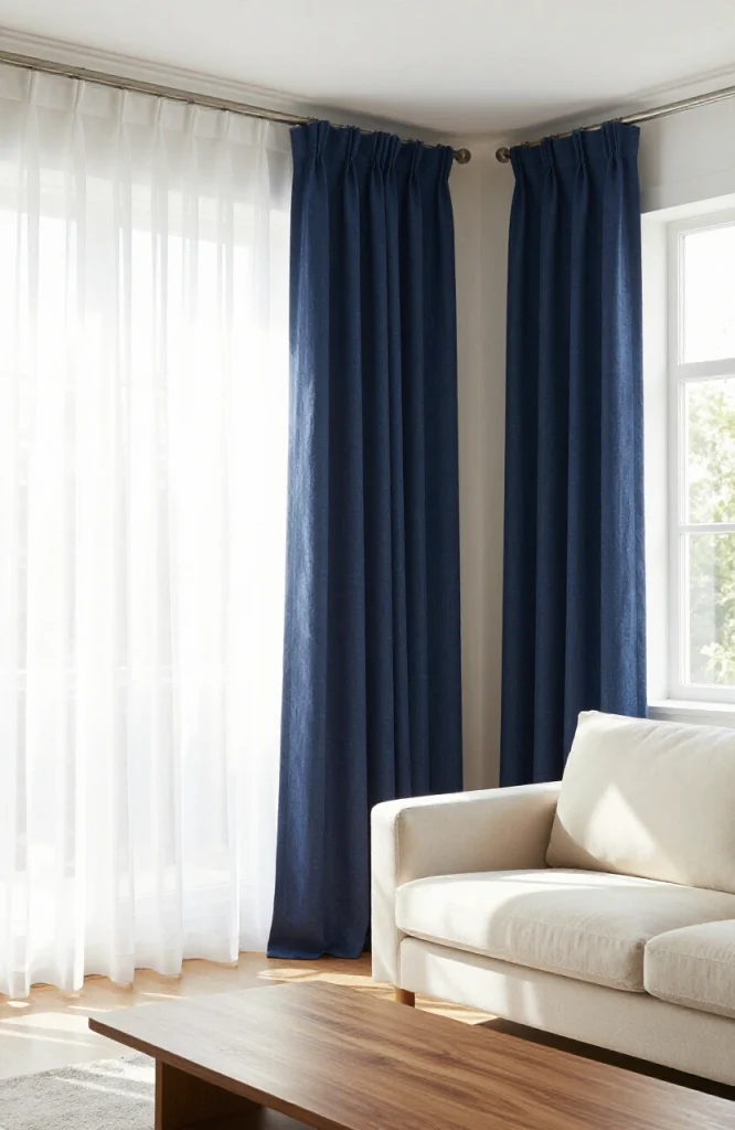 Living room with double curtain rods creating layered window treatment effect with sheer and solid fabric panels