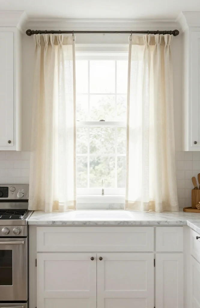Kitchen window with double curtain rods holding sheer and opaque fabric panels for layered light control