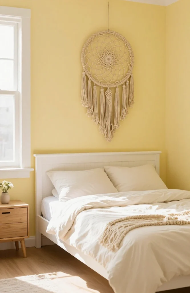 Woven dreamcatcher with white fabric hanging on wall above dorm bed with neutral bedding