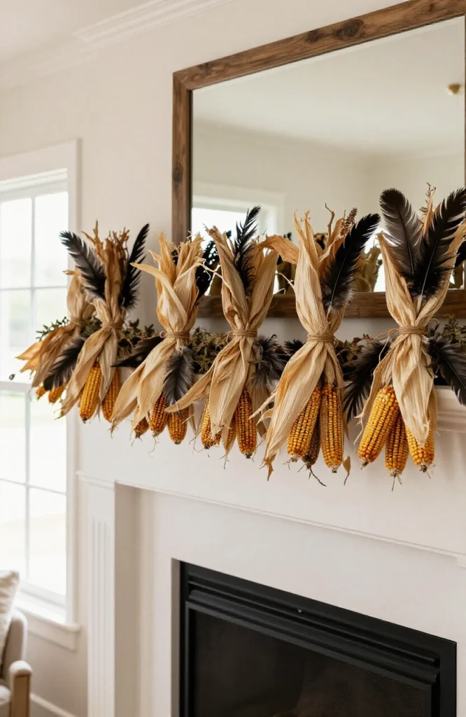 DIY Halloween garland made with dried corn husks and black feathers arranged on a fireplace mantel