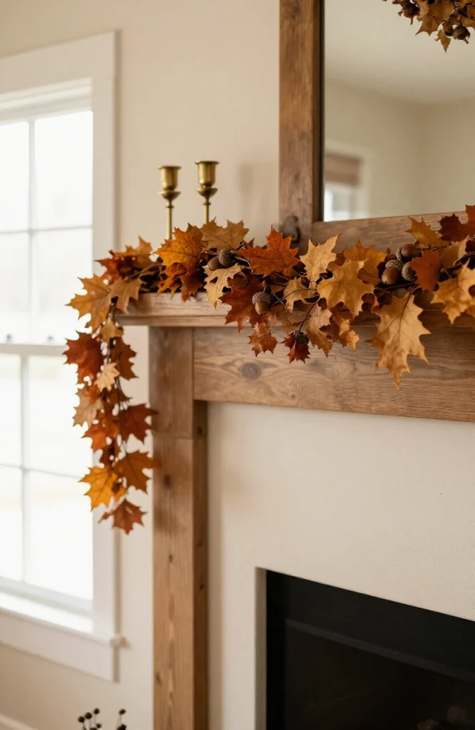 Handmade Halloween garland made with dried leaves and acorns arranged in small paper cups strung together on twine