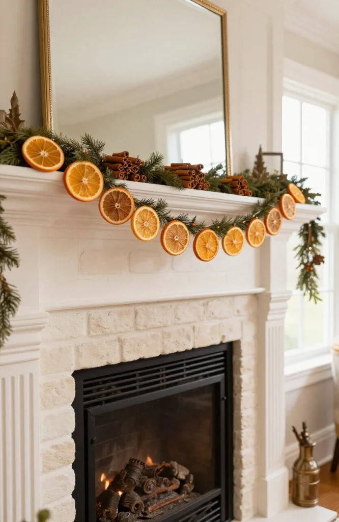 Dried orange slices and cinnamon sticks strung together as a rustic fall garland draped on a fireplace mantel