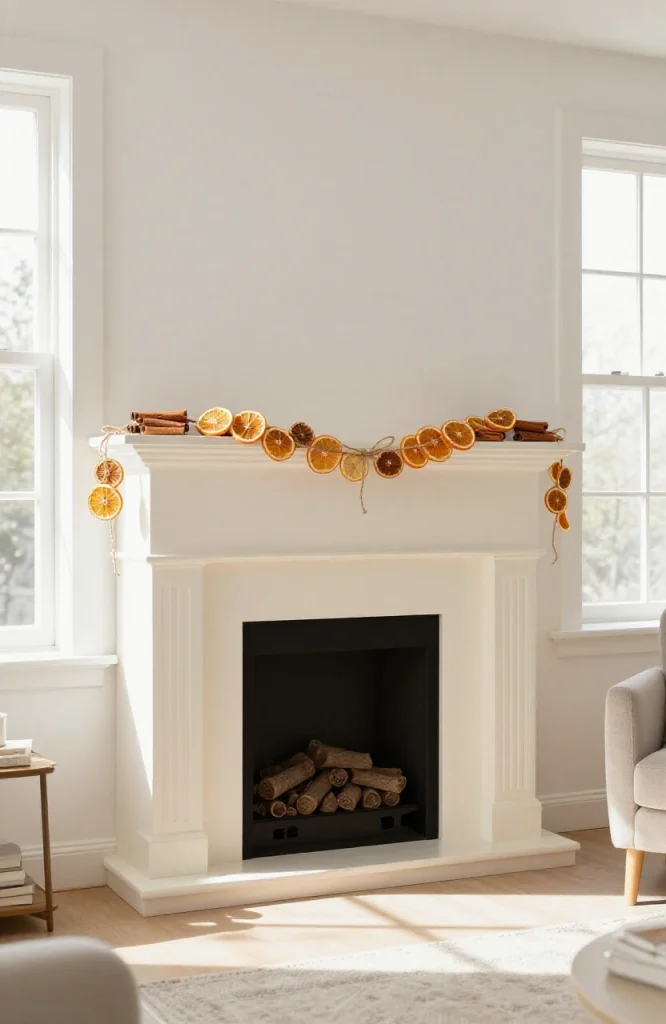 Dried orange slices strung together as a simple garland for minimalist Christmas decoration