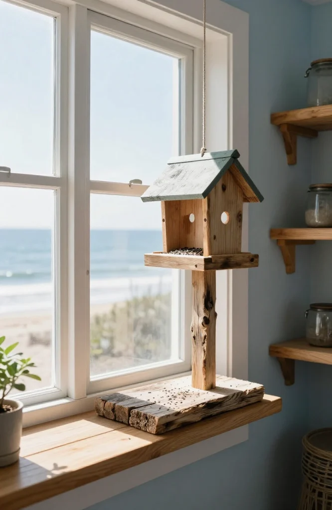 Wooden platform bird feeder made from natural driftwood with birdseed, mounted on wooden post