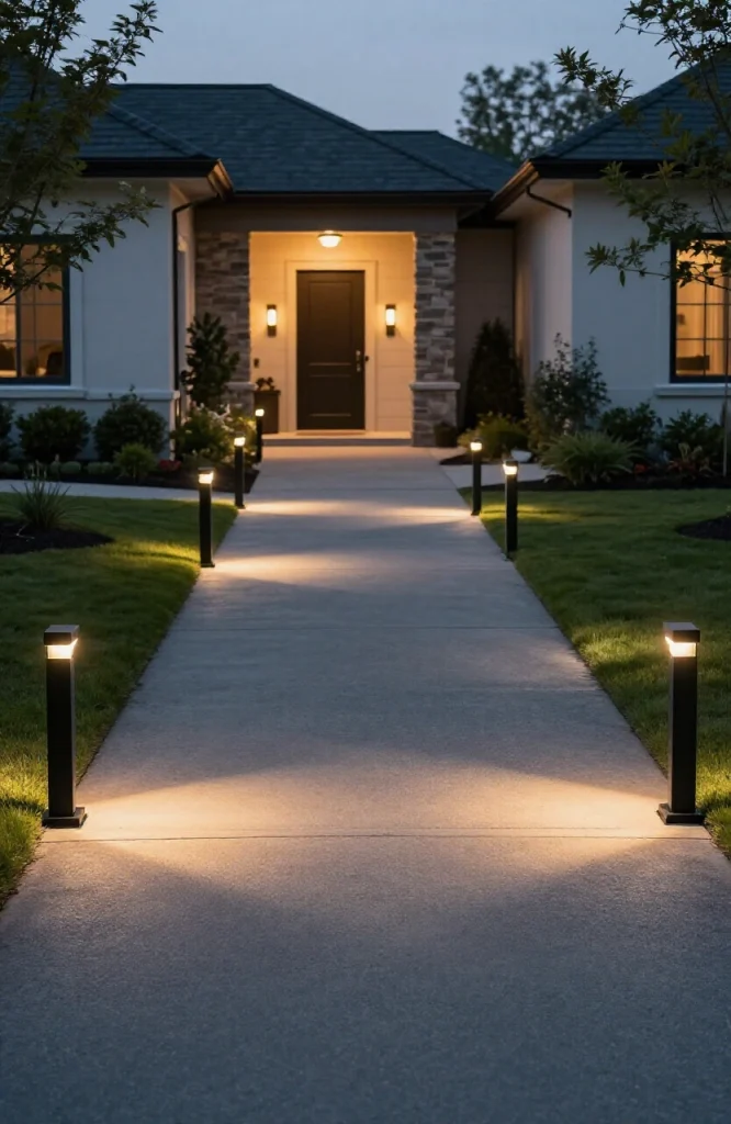 Illuminated bollard lights lining a residential driveway creating a safe pathway with warm LED glow
