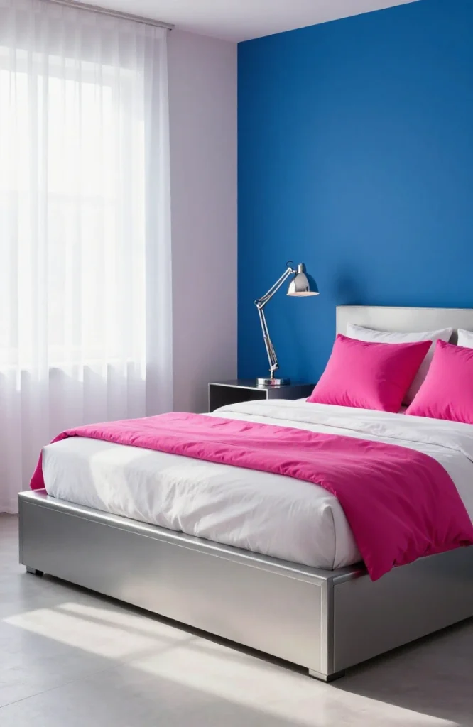 Modern bedroom featuring electric blue accent wall with contemporary furniture and Y2K style lighting fixtures