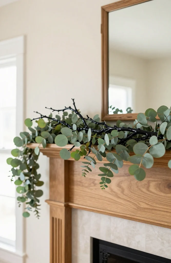 DIY Halloween garland made with eucalyptus branches and black spray-painted twigs arranged on a fireplace mantel