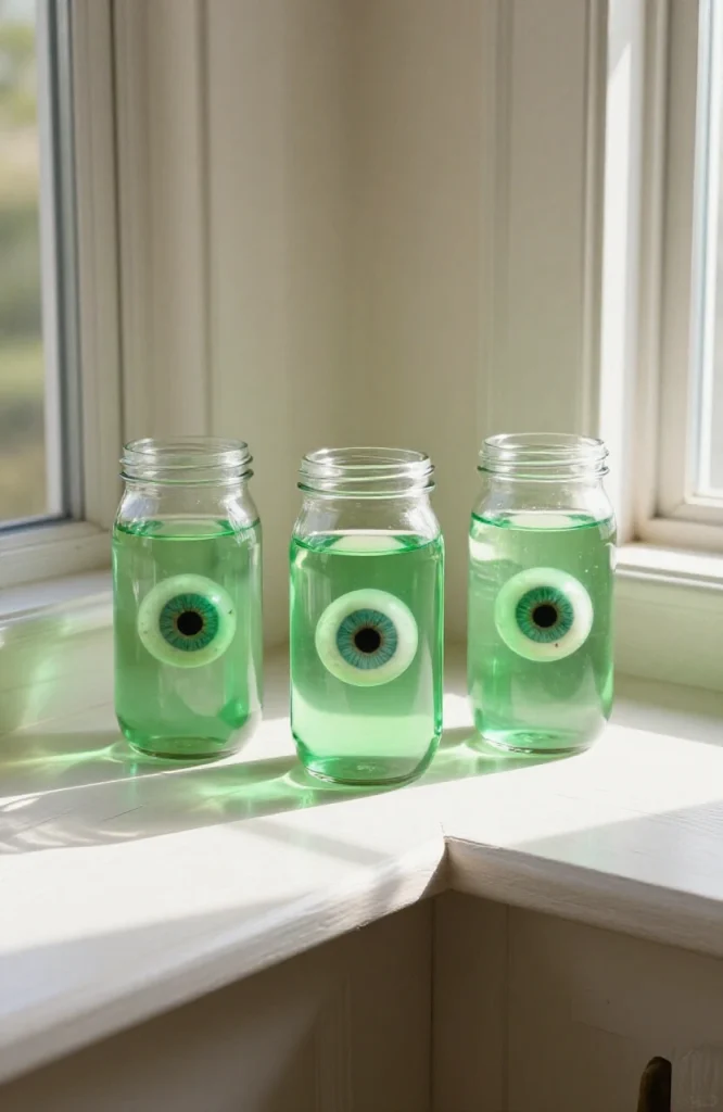 Creepy eye jar props arranged on a window sill for Halloween decoration with realistic eyeball designs inside glass jars