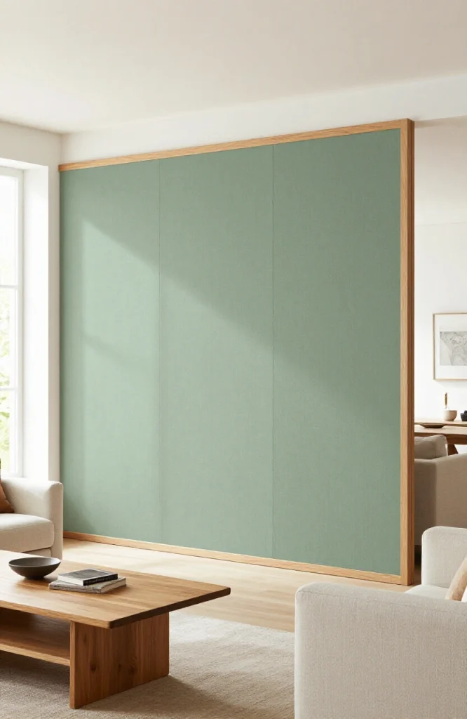 Beige fabric wall panels installed on interior wall creating textured accent without paint